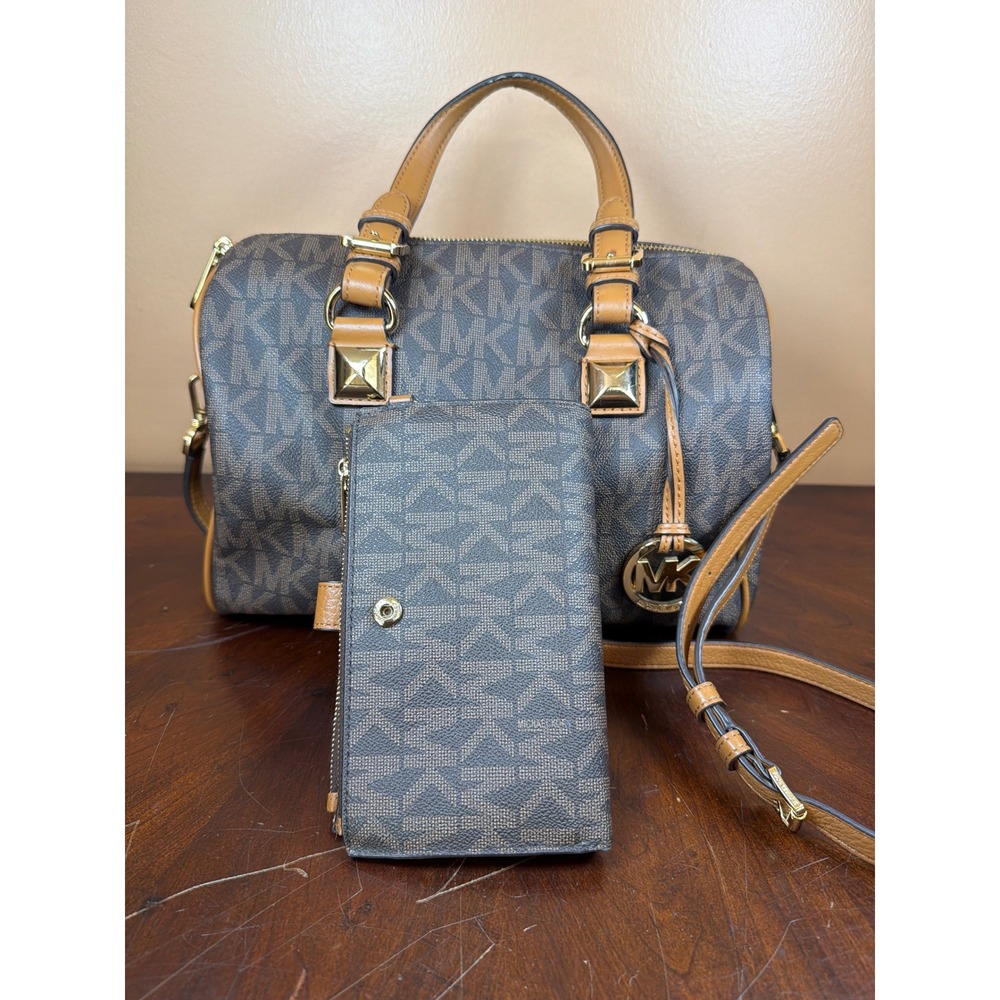 Michael Kors Signature Logo Satchel and Wallet Set Brown Tan Gold Hardware - Picture 1 of 15